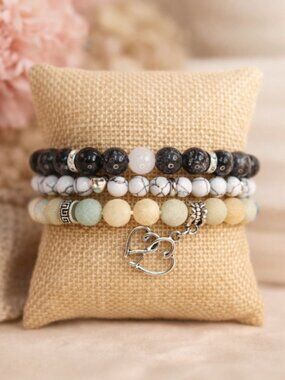 Amazonite Moonstone Labradorite Bracelet Set 3pc Heart Charm Gemstone Stack